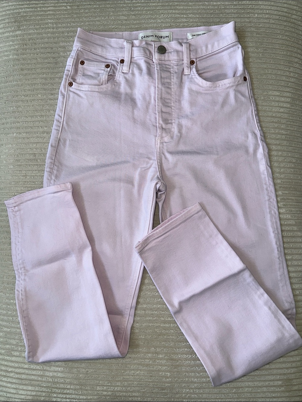 Denim Forum Women’s Light Pink Button-Fly Jeans (The Yoko High Rise Slim 28L)